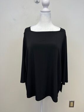 CLARA SUNWOO Black Straight Neck 3/4 Sleeve Stretchy Top Size 1X